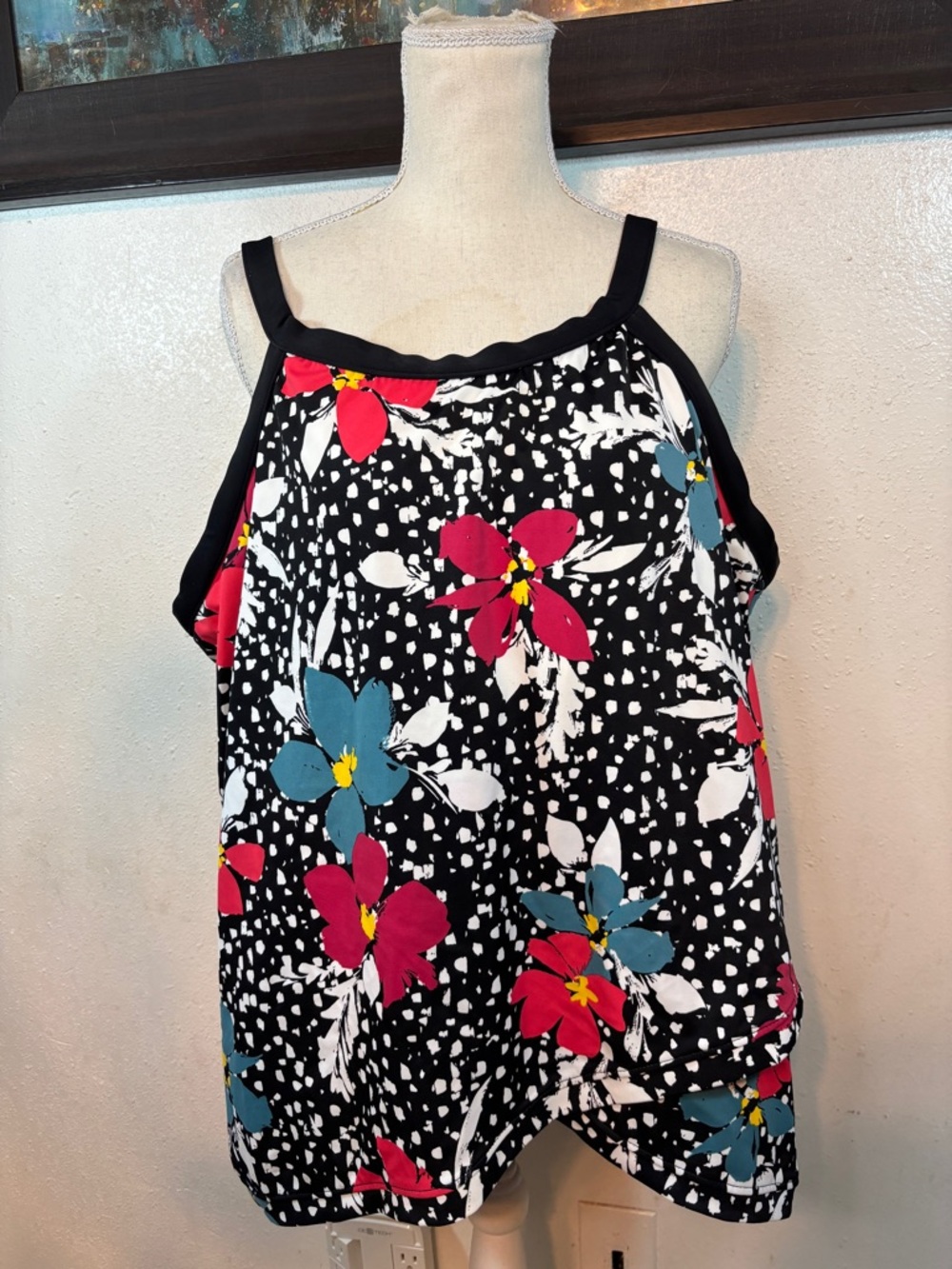 Black Floral Swim Tankini Top with Pink & Teal Blooms